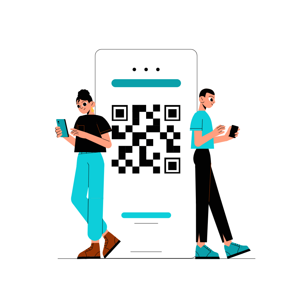 Couple standing next to a qr code